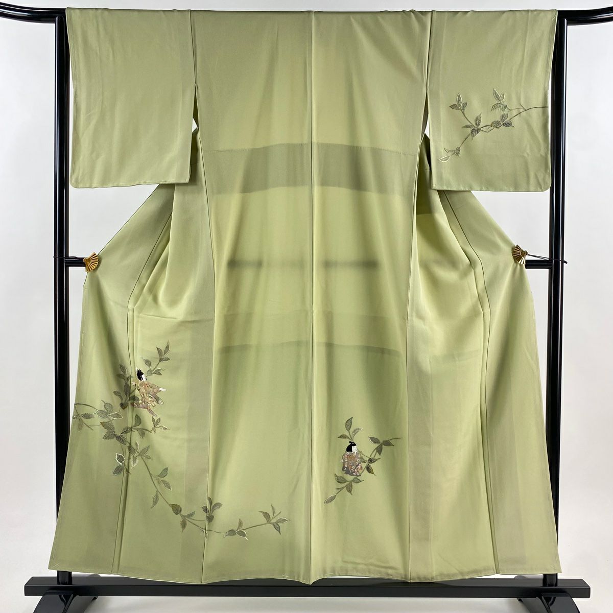 【美品】 付下 身長156.5cm 袖長64cm M 雙層 童 葉柄 刺繡 金糸 抹茶 純蠶絲 名品級