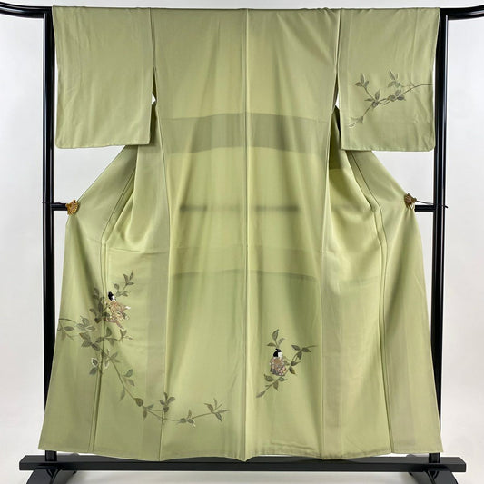 【美品】 付下 身長156.5cm 袖長64cm M 雙層 童 葉柄 刺繡 金糸 抹茶 純蠶絲 名品級