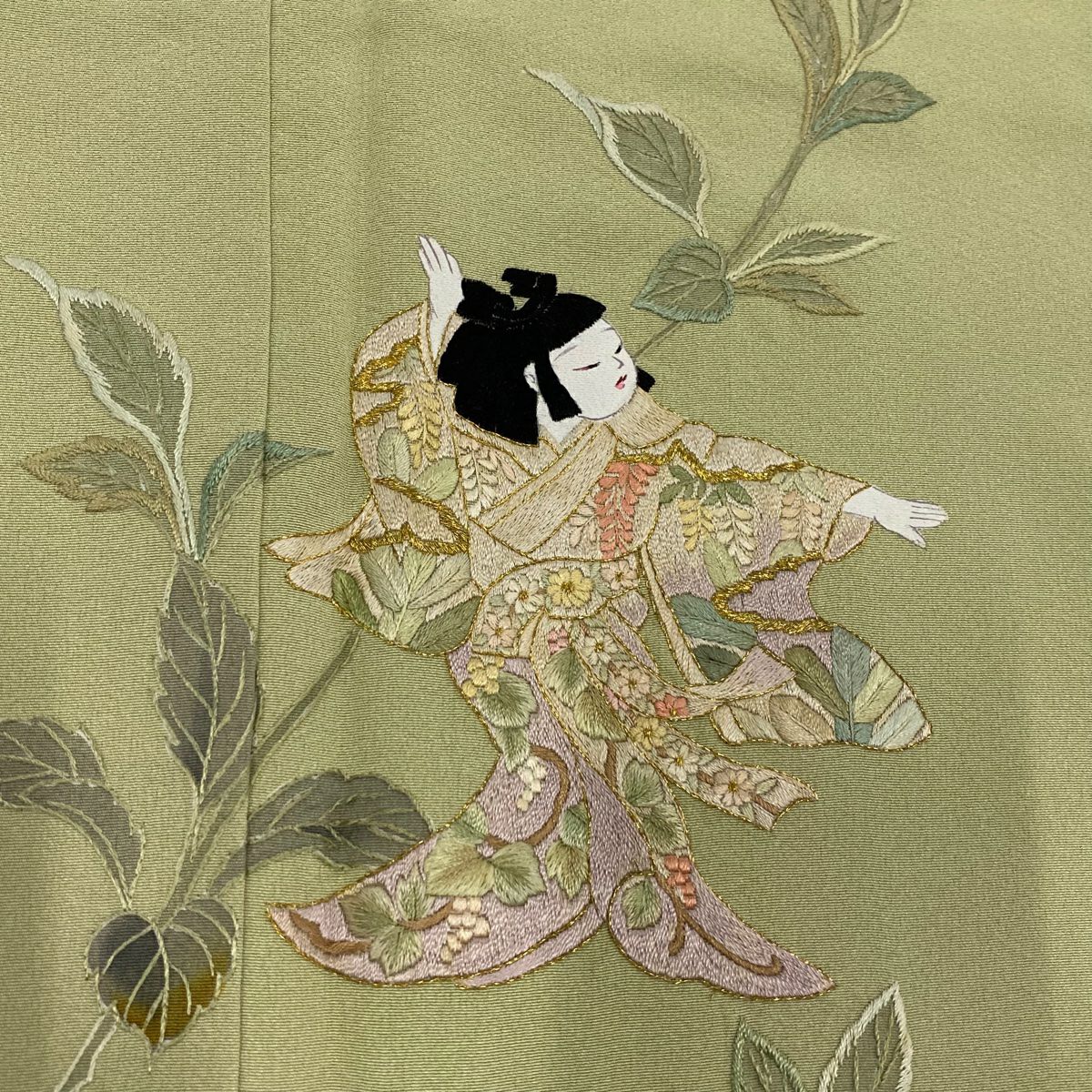 【美品】 付下 身長156.5cm 袖長64cm M 雙層 童 葉柄 刺繡 金糸 抹茶 純蠶絲 名品級