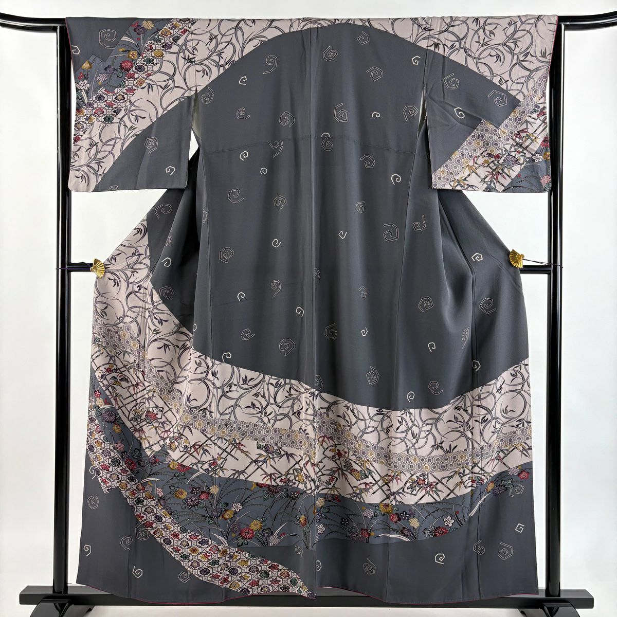訪問服 身長157cm 袖長62.5cm S 雙層 松樹竹子梅花 龜甲 染分 灰 純蠶絲 名品級