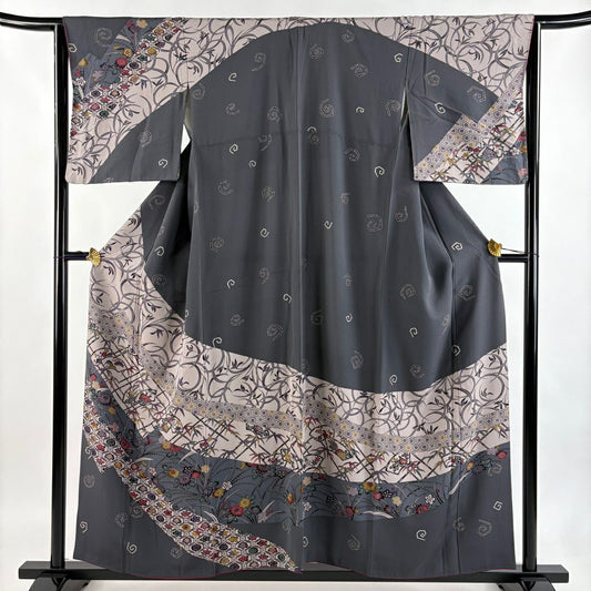 訪問服 身長157cm 袖長62.5cm S 雙層 松樹竹子梅花 龜甲 染分 灰 純蠶絲 名品級