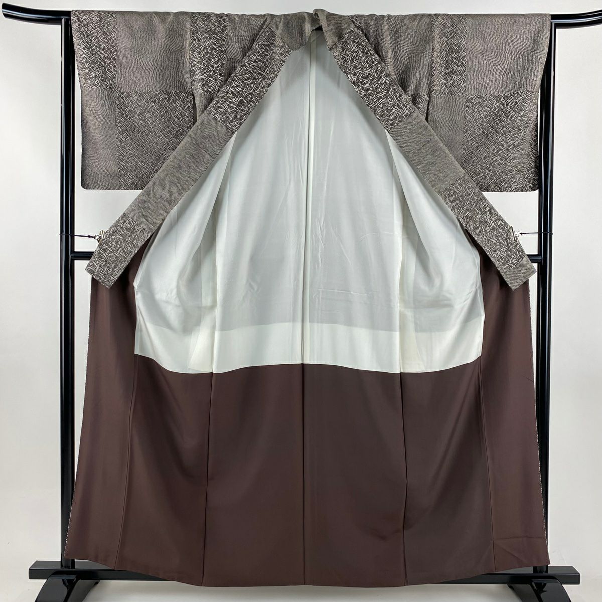 【美品】 小紋 身長160cm 袖長65cm M 雙層 紬織織 變化市松樹 幾何學 焦茶 純蠶絲 名品級