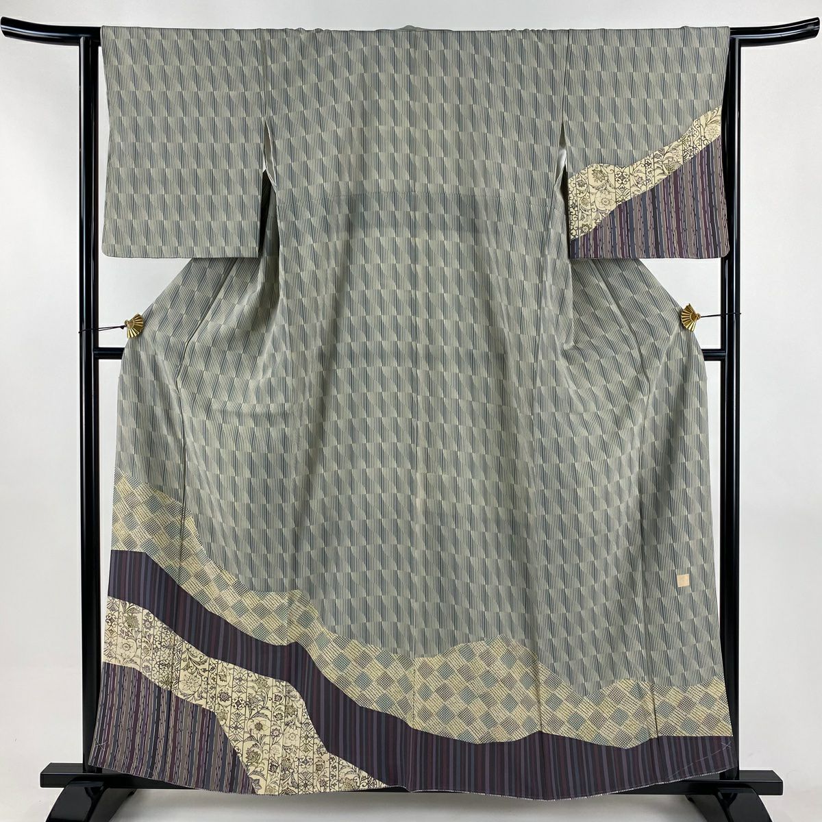 【美品】 付下 身長158.5cm 袖長64cm M 雙層 落款 花唐草紋 縞染 灰綠 純蠶絲 名品級