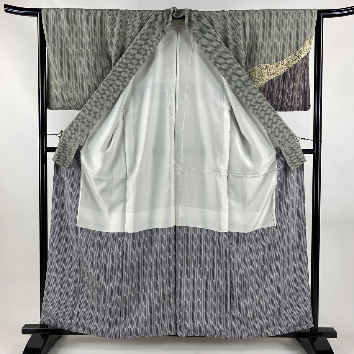 【美品】 付下 身長158.5cm 袖長64cm M 雙層 落款 花唐草紋 縞染 灰綠 純蠶絲 名品級