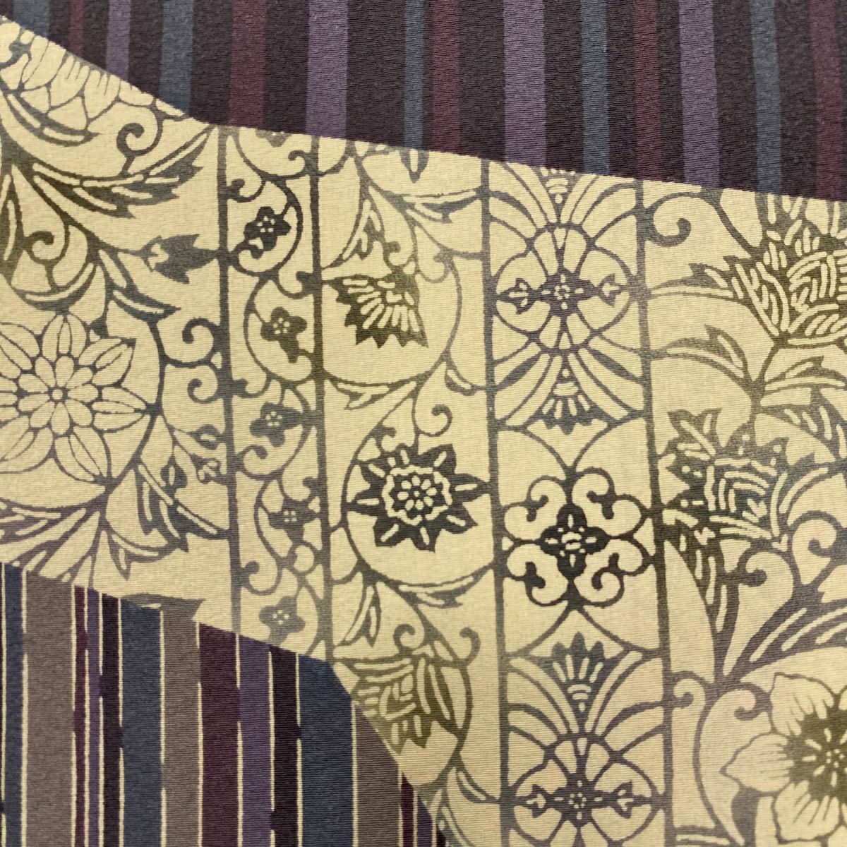 【美品】 付下 身長158.5cm 袖長64cm M 雙層 落款 花唐草紋 縞染 灰綠 純蠶絲 名品級