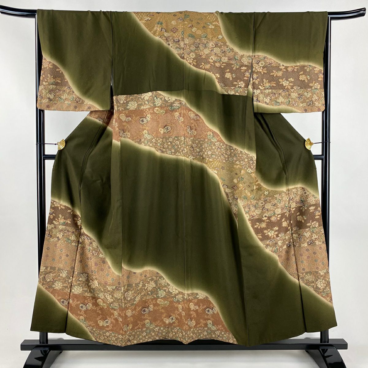 訪問服 身長154.5cm 袖長67cm M 雙層 麻葉 花唐草紋 刺繡 漸層 茶綠 純蠶絲 名品級