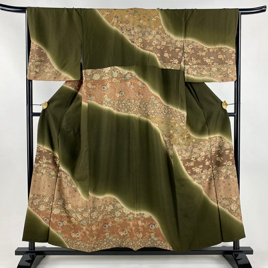 訪問服 身長154.5cm 袖長67cm M 雙層 麻葉 花唐草紋 刺繡 漸層 茶綠 純蠶絲 名品級
