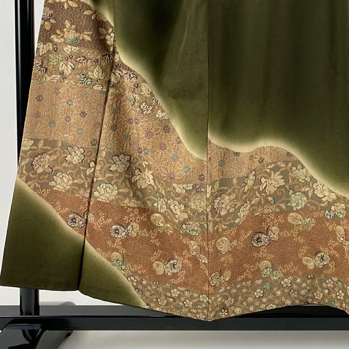 訪問服 身長154.5cm 袖長67cm M 雙層 麻葉 花唐草紋 刺繡 漸層 茶綠 純蠶絲 名品級