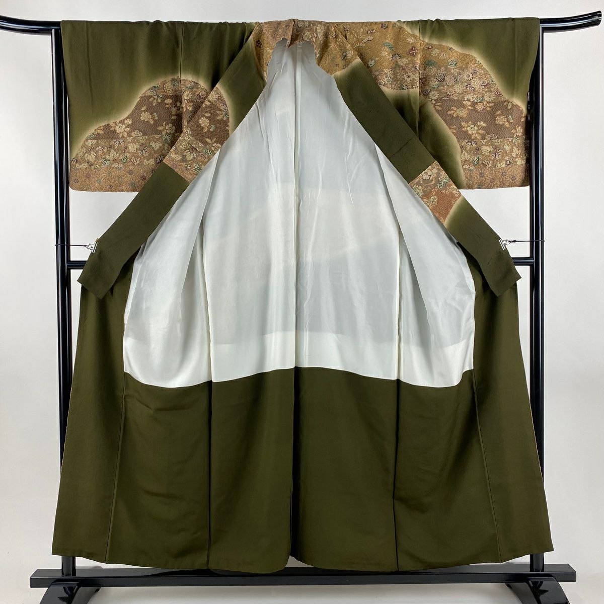 訪問服 身長154.5cm 袖長67cm M 雙層 麻葉 花唐草紋 刺繡 漸層 茶綠 純蠶絲 名品級