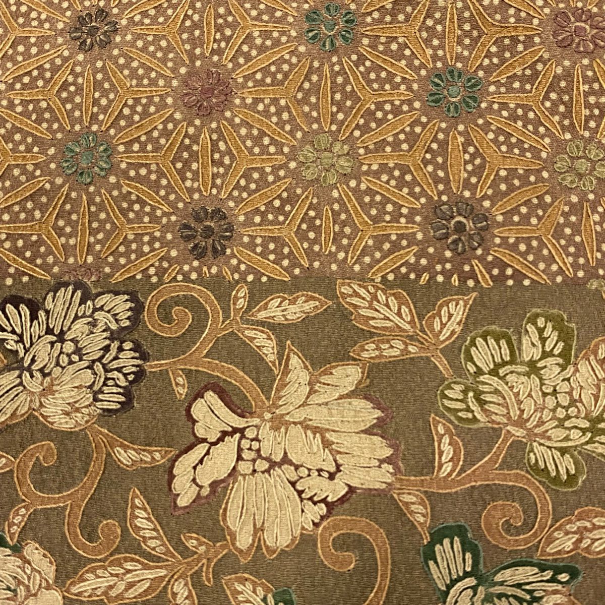 訪問服 身長154.5cm 袖長67cm M 雙層 麻葉 花唐草紋 刺繡 漸層 茶綠 純蠶絲 名品級
