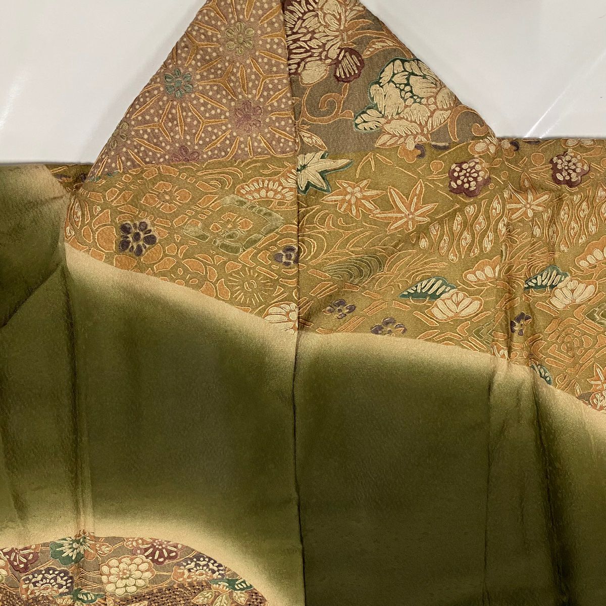 訪問服 身長154.5cm 袖長67cm M 雙層 麻葉 花唐草紋 刺繡 漸層 茶綠 純蠶絲 名品級