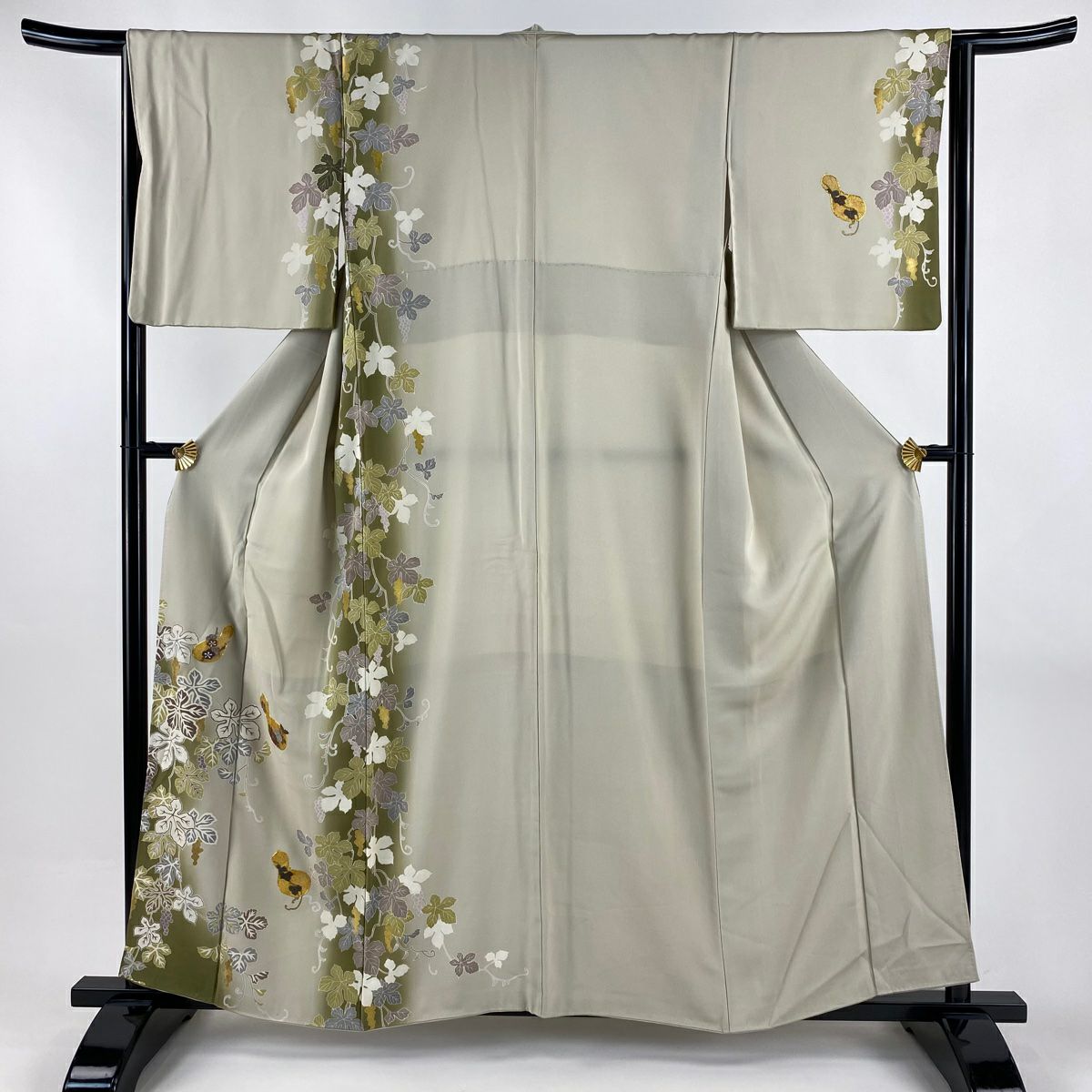 付下 身長159cm 袖長64.5cm M 雙層 瓢箪 葡萄 金糸 刺繡 灰茶 純蠶絲 逸品級