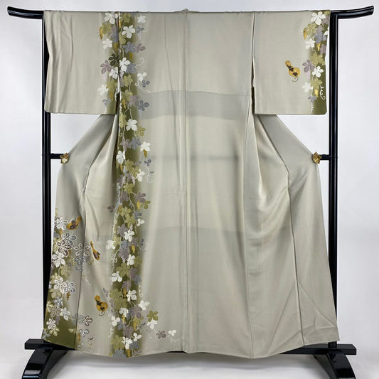 付下 身長159cm 袖長64.5cm M 雙層 瓢箪 葡萄 金糸 刺繡 灰茶 純蠶絲 逸品級