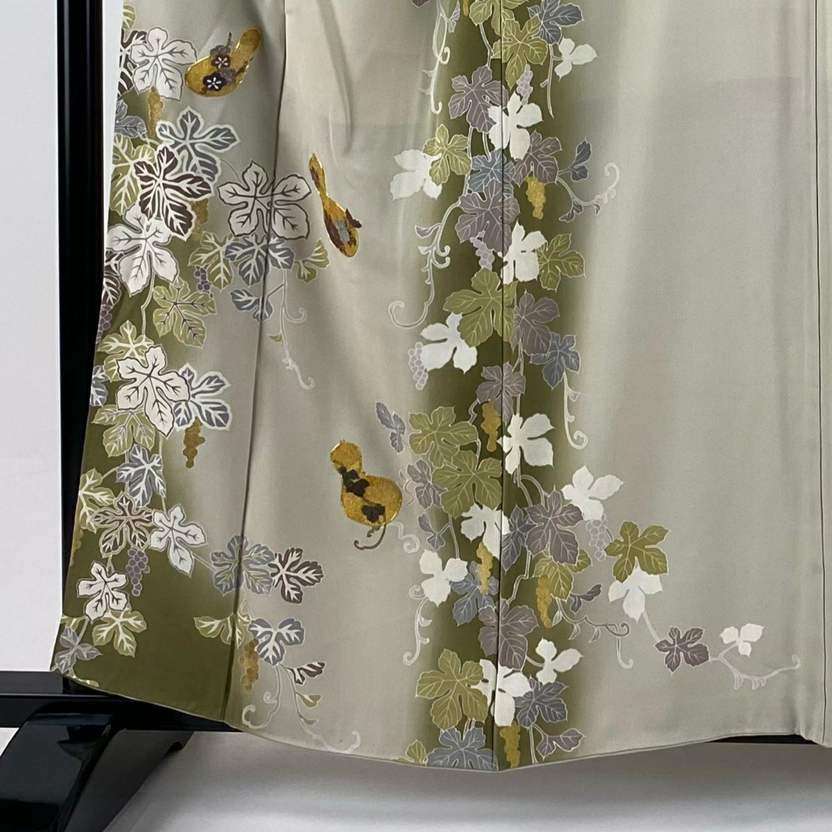 付下 身長159cm 袖長64.5cm M 雙層 瓢箪 葡萄 金糸 刺繡 灰茶 純蠶絲 逸品級