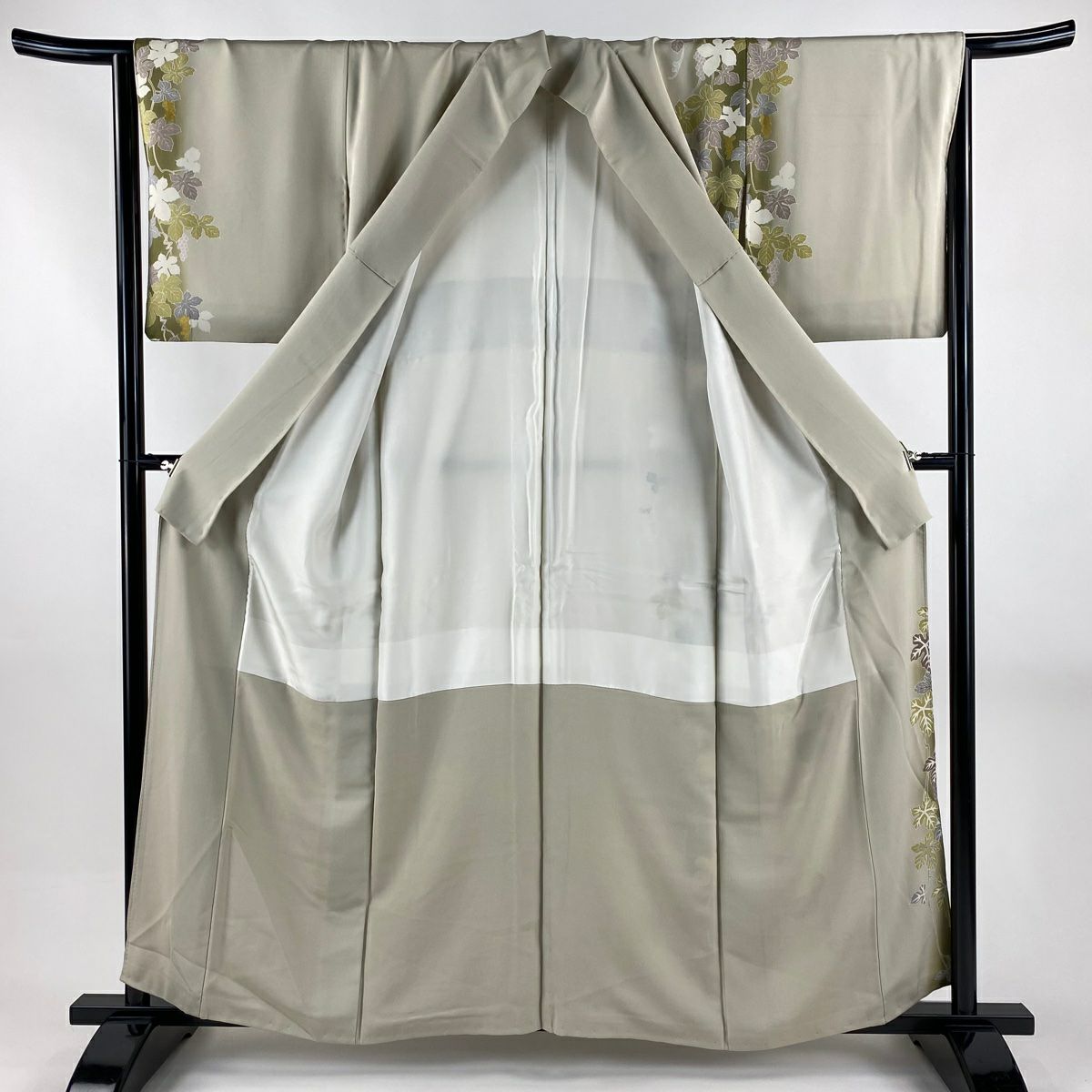 付下 身長159cm 袖長64.5cm M 雙層 瓢箪 葡萄 金糸 刺繡 灰茶 純蠶絲 逸品級