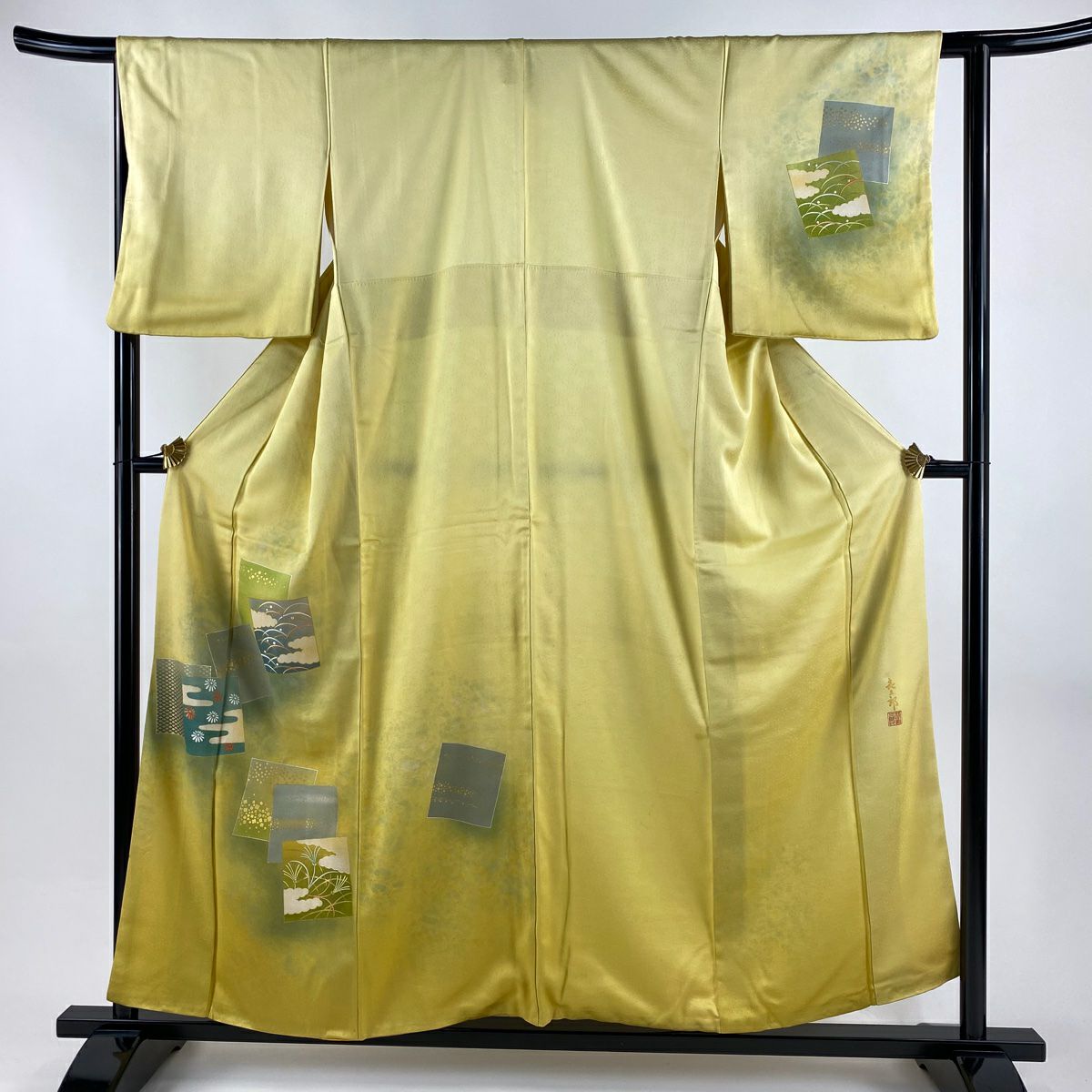 付下 身長156.5cm 袖長63.5cm S 雙層 人間國寶 福田喜重 落款あり 色紙 菊花 花刺繡 金銀彩 黃色 純蠶絲 逸品級