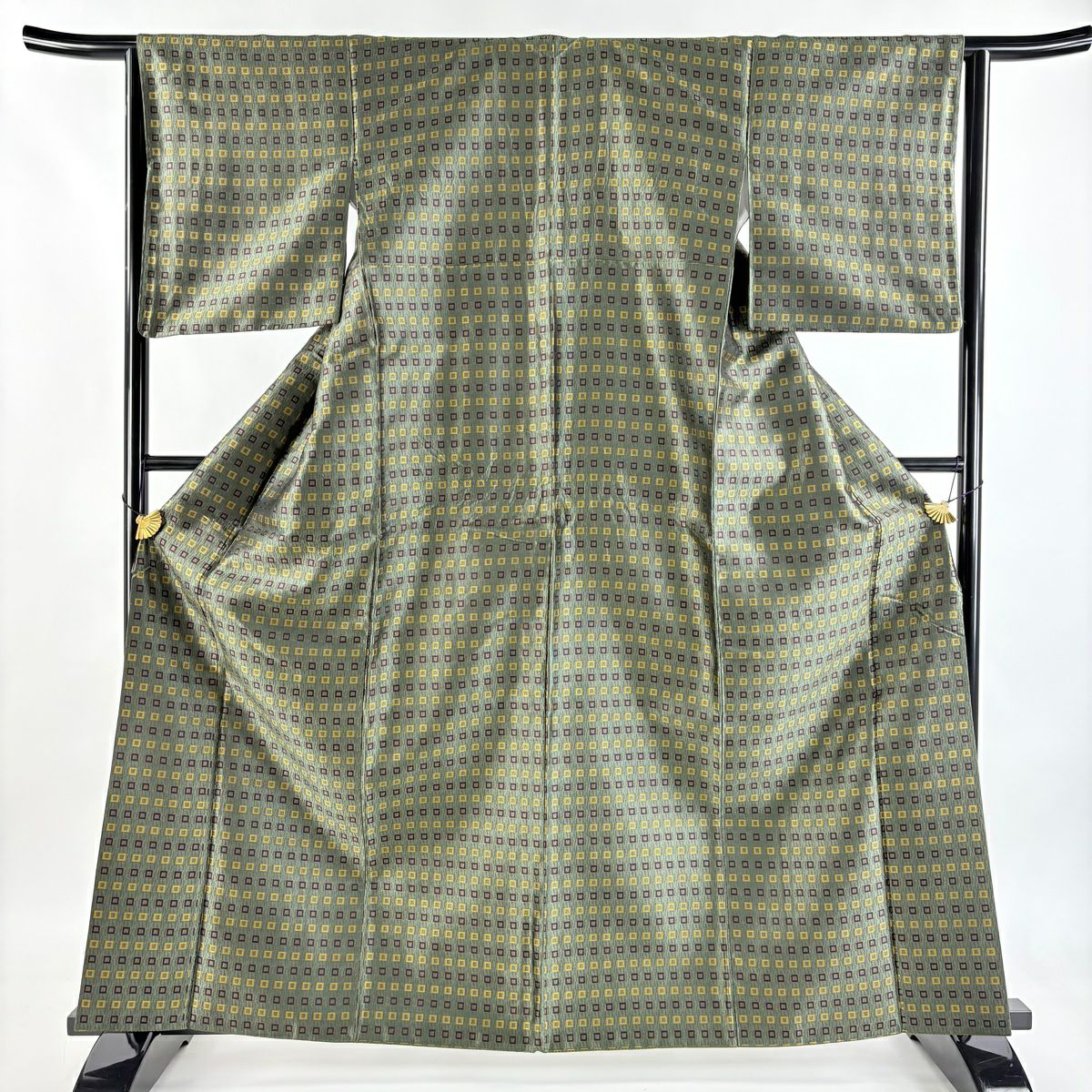 【美品】 小紋 身長163.5cm 袖長64.5cm M 雙層 幾何學圖案 綠 純蠶絲 逸品級