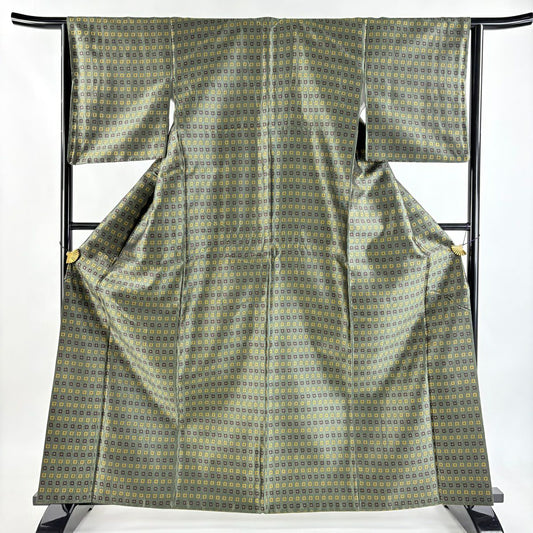 【美品】 小紋 身長163.5cm 袖長64.5cm M 雙層 幾何學圖案 綠 純蠶絲 逸品級
