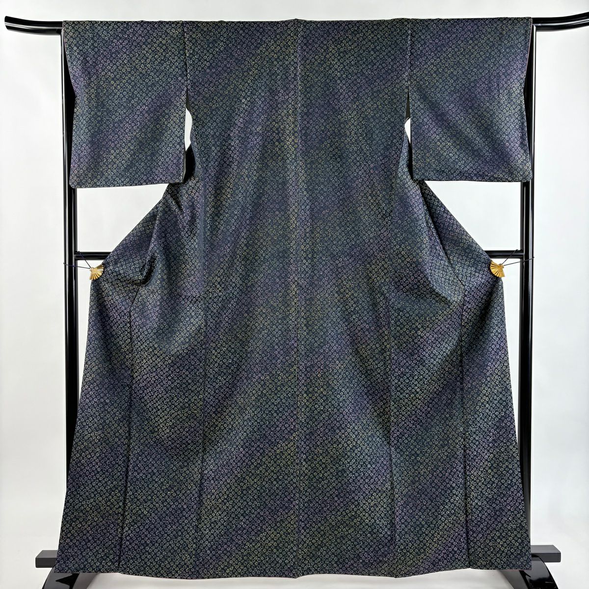 【美品】 紬織 身長163.5cm 袖長66cm M 雙層 ほていや 花紋 深藍 純蠶絲 逸品級