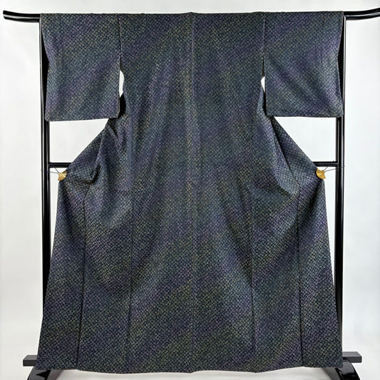 【美品】 紬織 身長163.5cm 袖長66cm M 雙層 ほていや 花紋 深藍 純蠶絲 逸品級