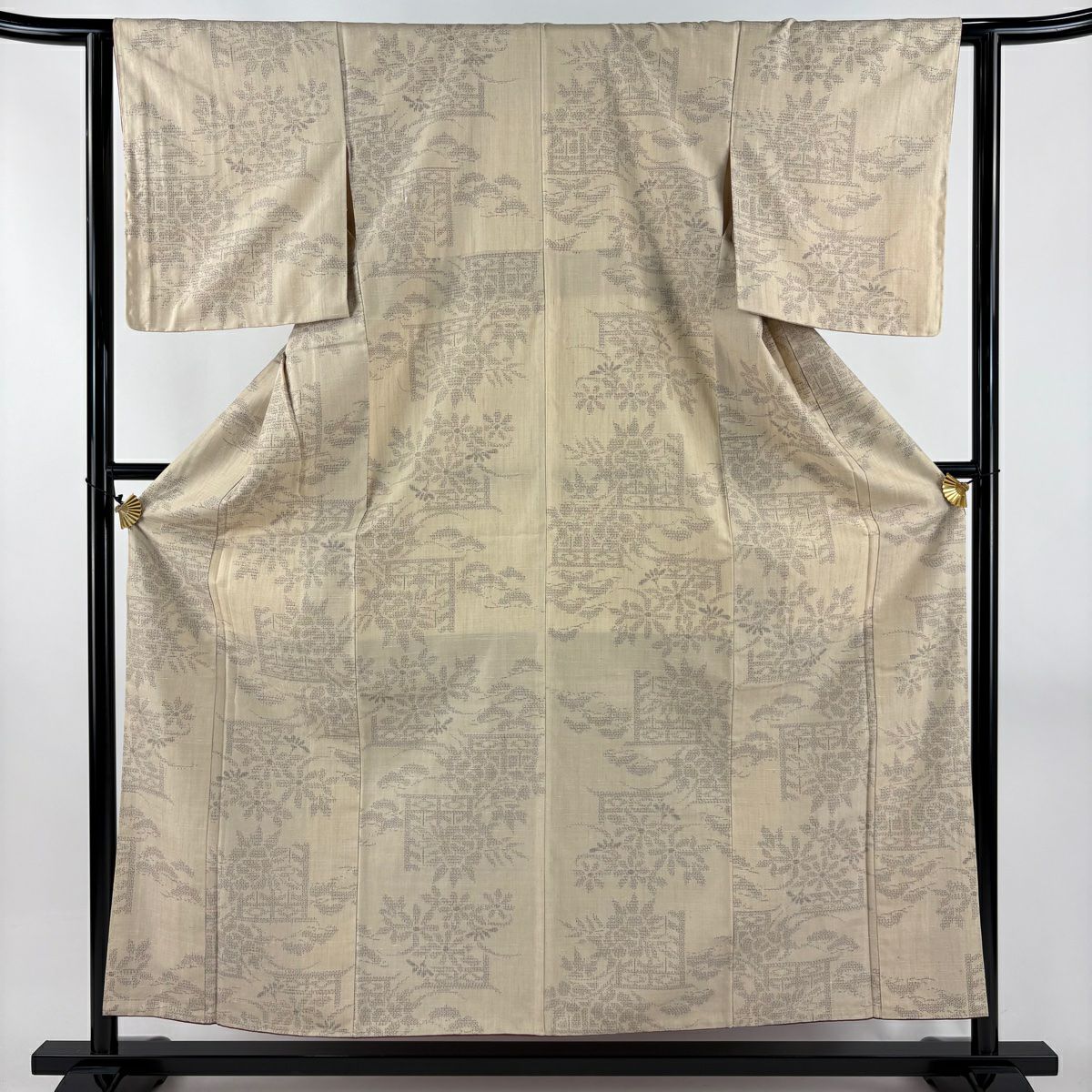 【美品】結城紬織 身長157cm 袖長62.5cm S 雙層 はたおり娘 證書あり 草花紋紋 笠松樹 米色 純蠶絲 逸品級