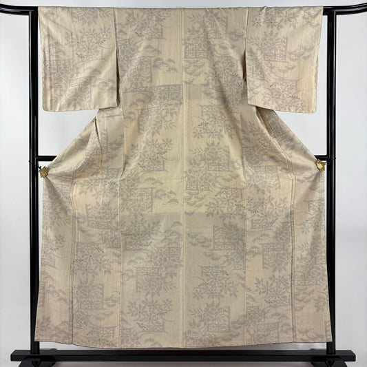 【美品】結城紬織 身長157cm 袖長62.5cm S 雙層 はたおり娘 證書あり 草花紋紋 笠松樹 米色 純蠶絲 逸品級