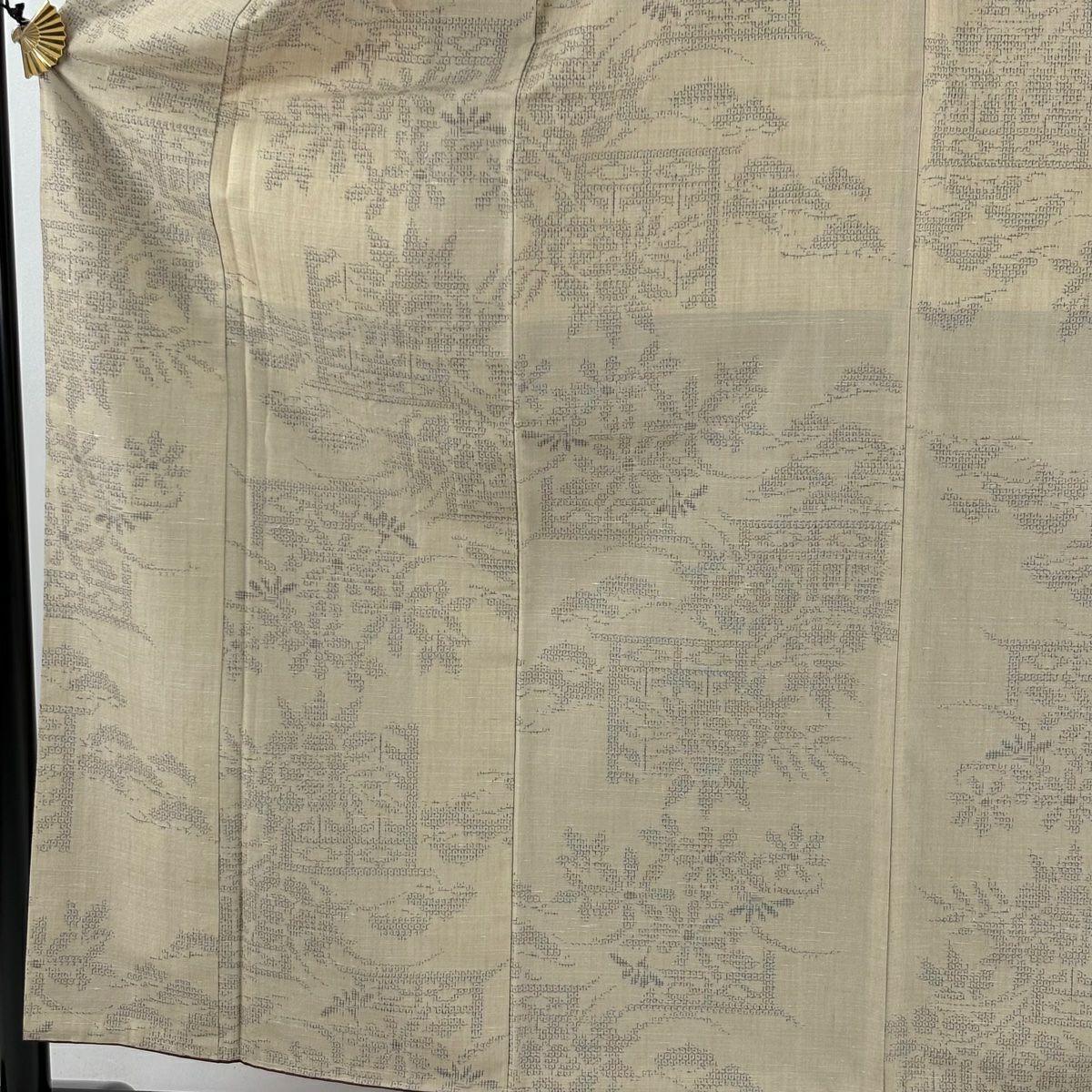 【美品】結城紬織 身長157cm 袖長62.5cm S 雙層 はたおり娘 證書あり 草花紋紋 笠松樹 米色 純蠶絲 逸品級