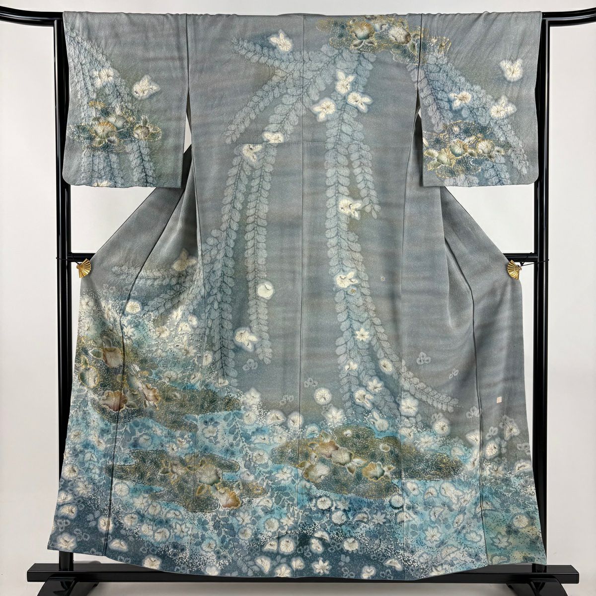 訪問服 身長157cm 袖長65cm M 雙層 落款 草花紋紋 霞 絞染 金銀彩 青灰 純蠶絲 逸品級