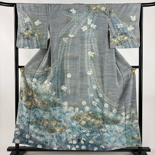 訪問服 身長157cm 袖長65cm M 雙層 落款 草花紋紋 霞 絞染 金銀彩 青灰 純蠶絲 逸品級