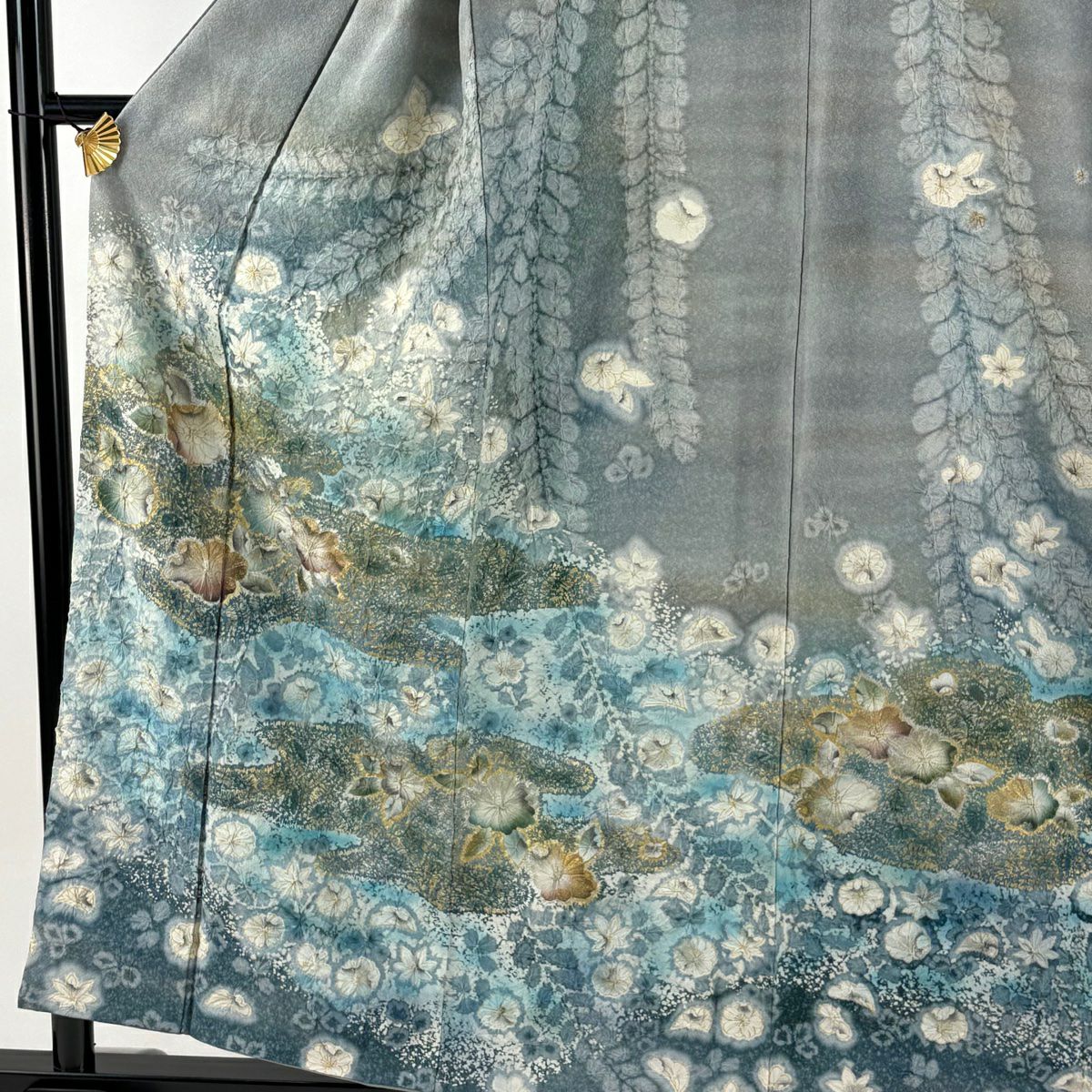 訪問服 身長157cm 袖長65cm M 雙層 落款 草花紋紋 霞 絞染 金銀彩 青灰 純蠶絲 逸品級