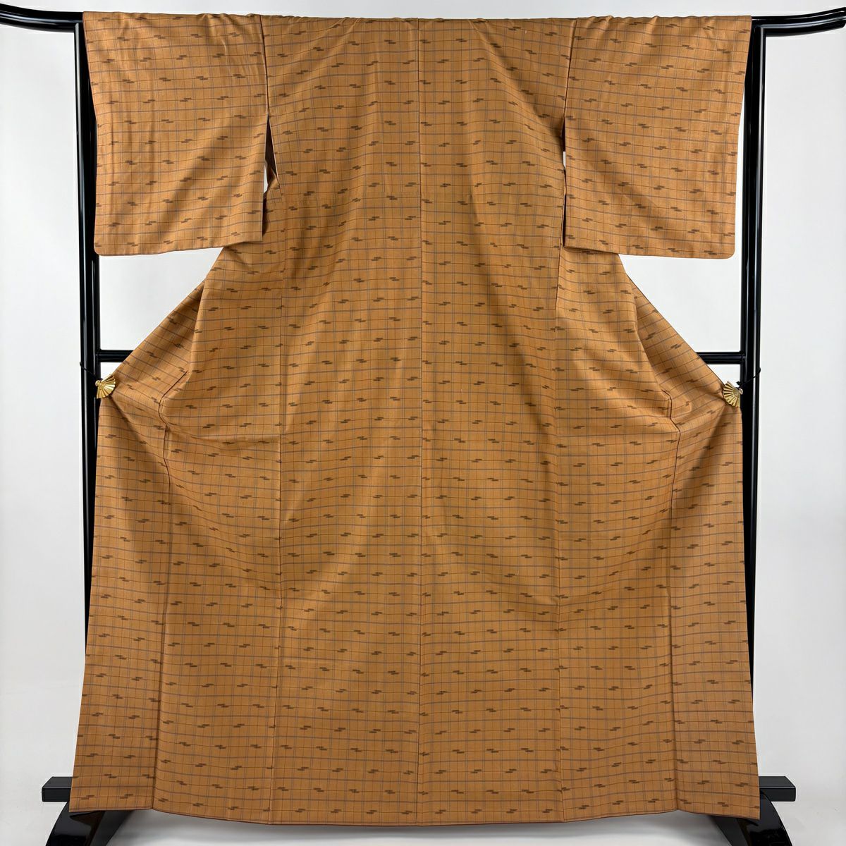 【美品】 紬織 身長166.5cm 袖長65.5cm M 雙層 久米島紬織 證書あり 格子 幾何圖案 茶 純蠶絲 逸品級