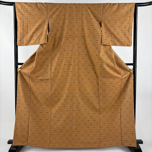 【美品】 紬織 身長166.5cm 袖長65.5cm M 雙層 久米島紬織 證書あり 格子 幾何圖案 茶 純蠶絲 逸品級