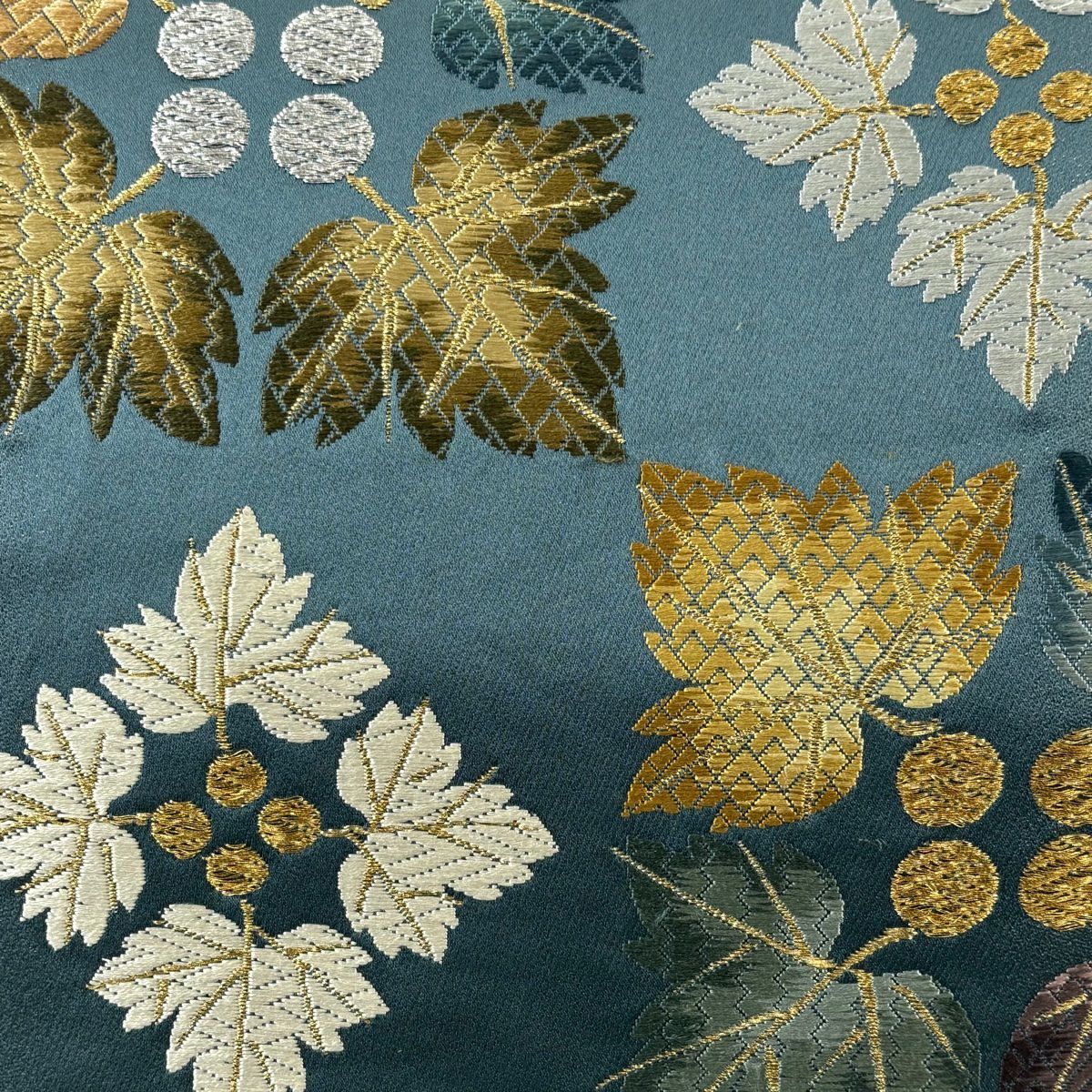 【美品】 袋帶 名品級 葉與實 金銀線 唐織 青綠 六通 純蠶絲