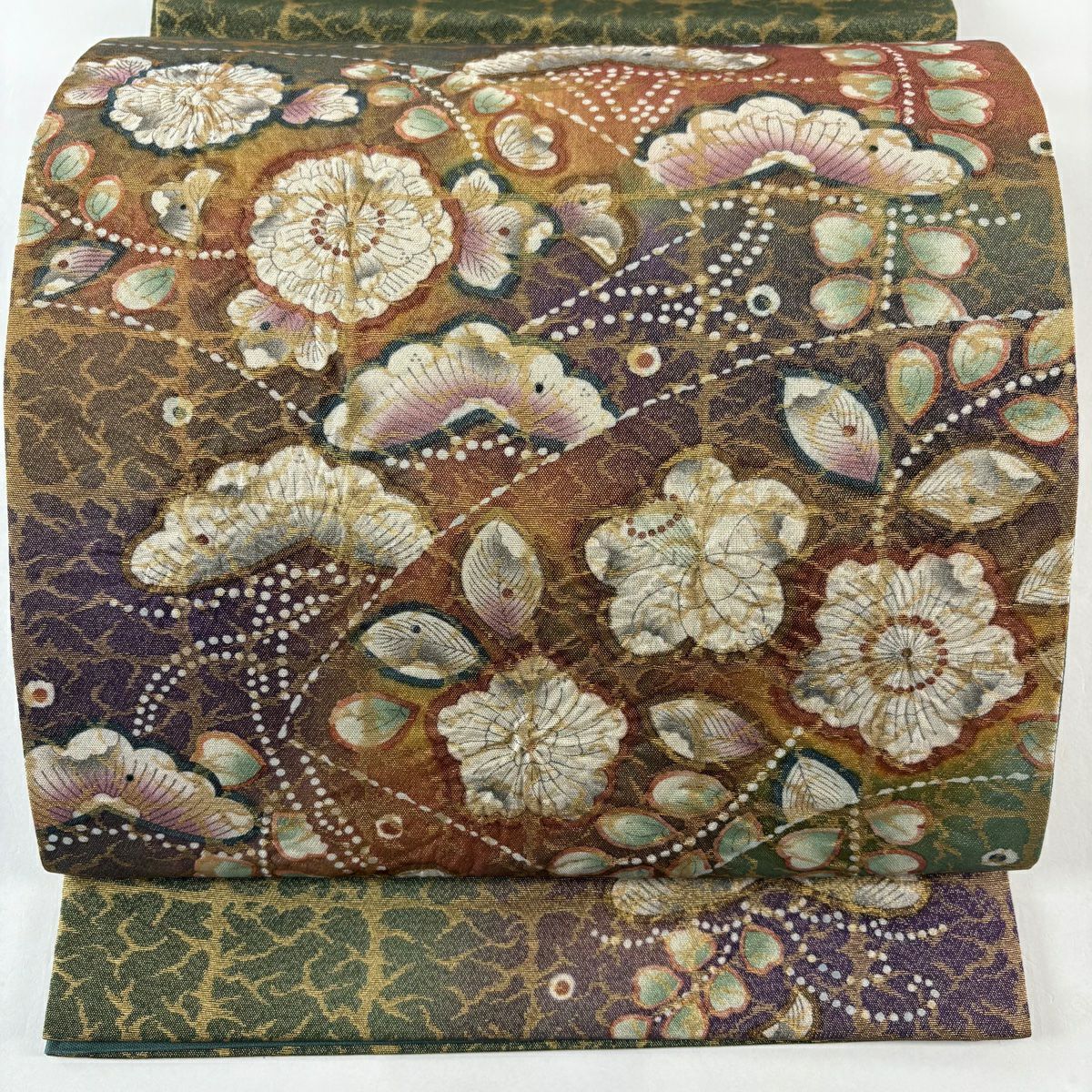 【美品】 袋帶 名品級 附落款 辻花染 金金箔 金絲 綠色 大鼓圖案 純蠶絲