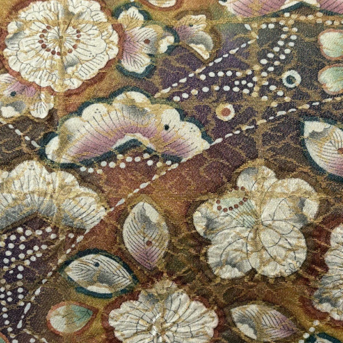 【美品】 袋帶 名品級 附落款 辻花染 金金箔 金絲 綠色 大鼓圖案 純蠶絲
