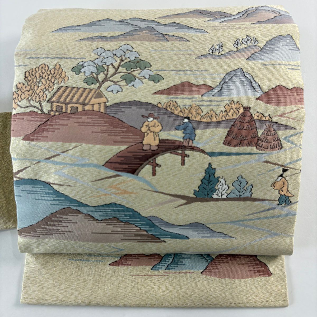 【美品】名古屋帶 名品級 人物 山並 金通 素色 純蠶絲