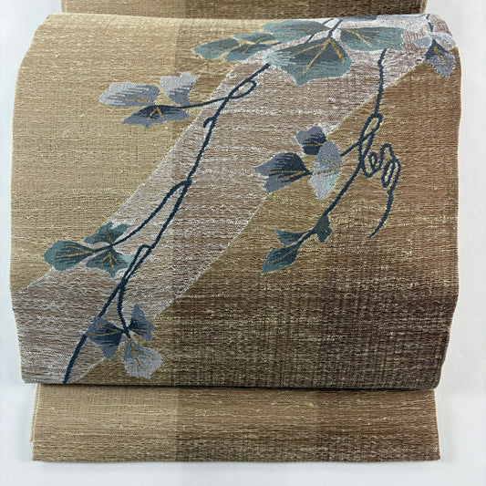 【美品】 袋帶 名品級 夏帶 雙面 葉紋 金絲 黃土色 大鼓紋 純蠶絲