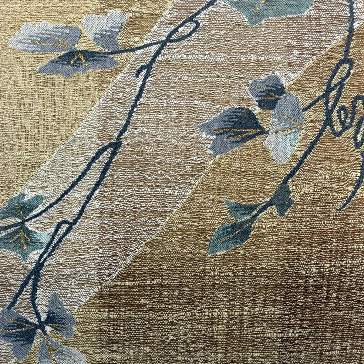 【美品】 袋帶 名品級 夏帶 雙面 葉紋 金絲 黃土色 大鼓紋 純蠶絲