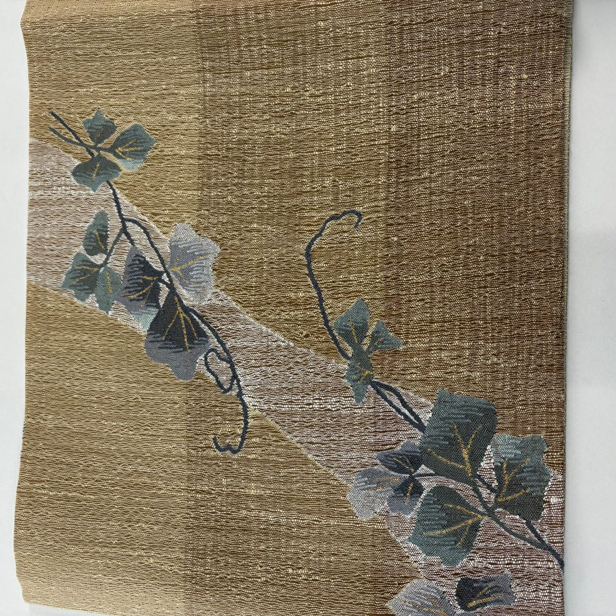 【美品】 袋帶 名品級 夏帶 雙面 葉紋 金絲 黃土色 大鼓紋 純蠶絲