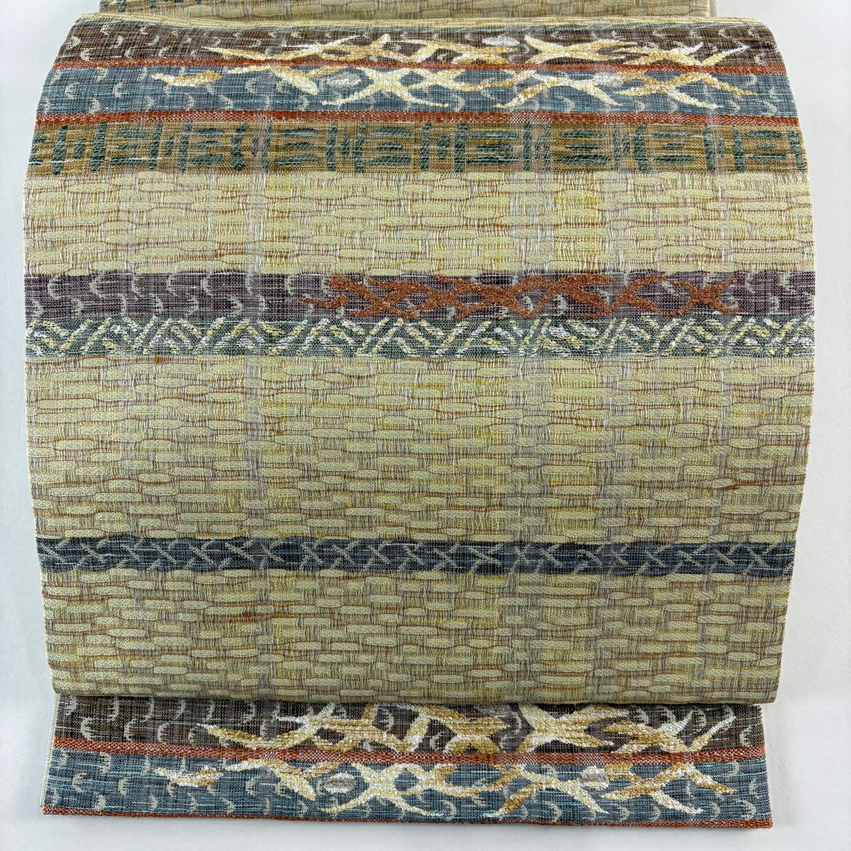 【美品】 袋帶 名品級 鳥 段紋 金絲 拉麵絲 淡黃 六通 純蠶絲