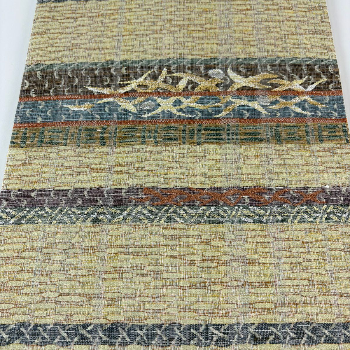 【美品】 袋帶 名品級 鳥 段紋 金絲 拉麵絲 淡黃 六通 純蠶絲