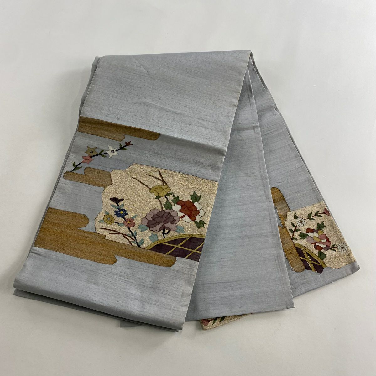 袋帶 名品級 枝花 霞 金絲 金金箔 灰 純蠶絲