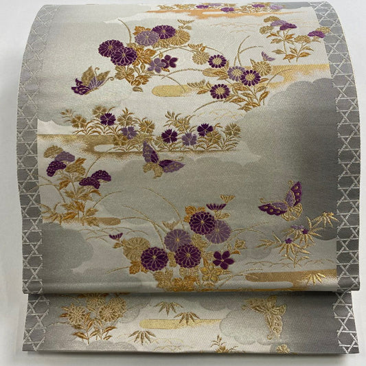 【美品】 袋帶 名品級 帝王紫 落款 秋草 蝶 金糸 金金箔 灰白 お太鼓柄 純蠶絲
