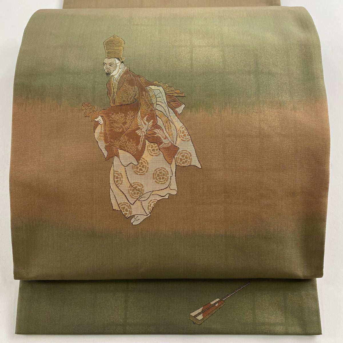 【美品】 袋帶 名品級 附落款 菱屋六右衛門 人物 橫段 金絲 金銀彩 茶綠 素材 正蠶絲