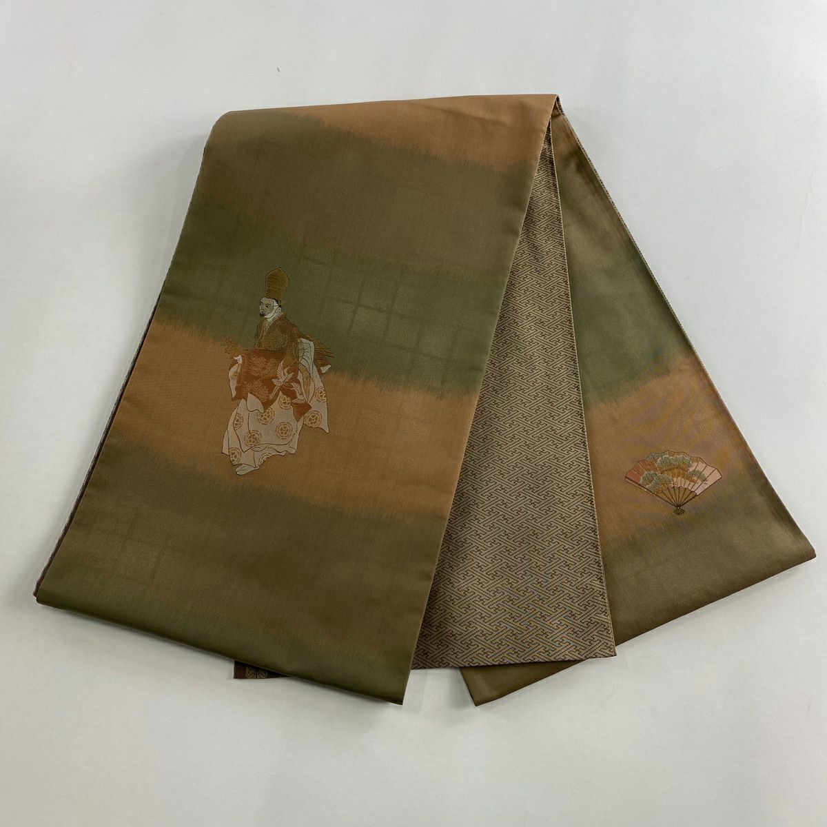 【美品】 袋帶 名品級 附落款 菱屋六右衛門 人物 橫段 金絲 金銀彩 茶綠 素材 正蠶絲