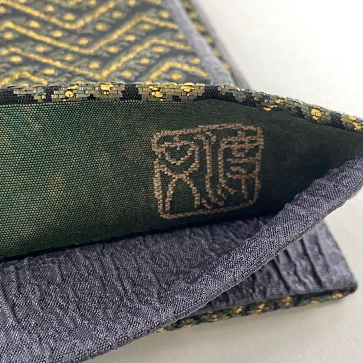 【美品】 袋帶 名品級 有落款 幾何圖案 金絲 金金箔 青綠 六通 純蠶絲
