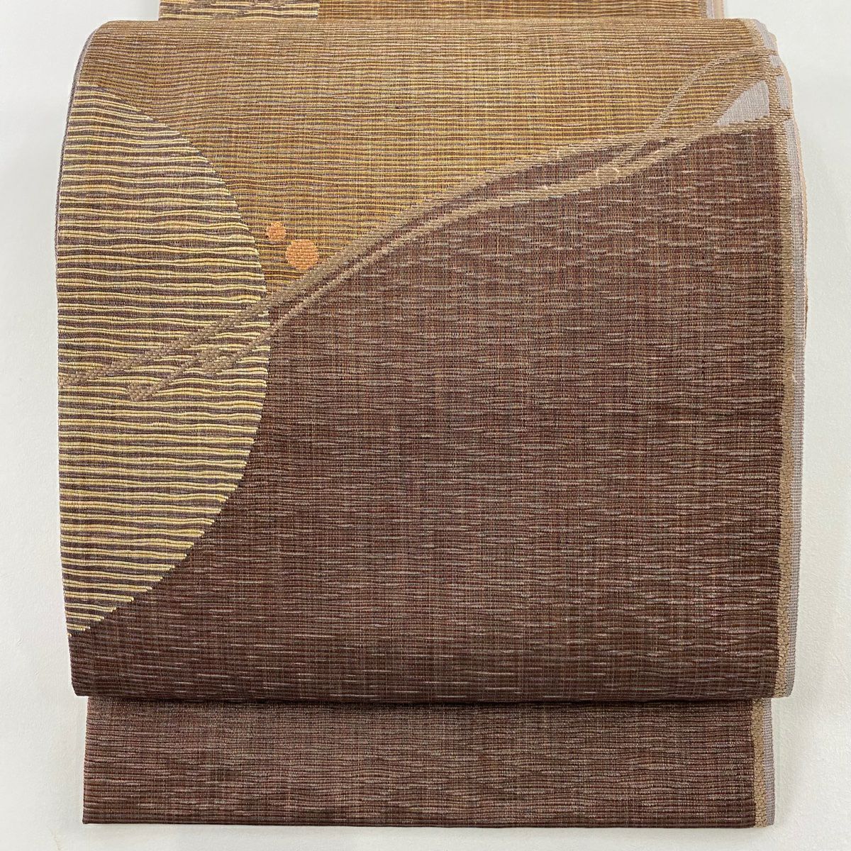 【美品】 袋帶 名品級 じゅらく 落款あり 幾何學圖案 金絲 茶紫 六通 純蠶絲