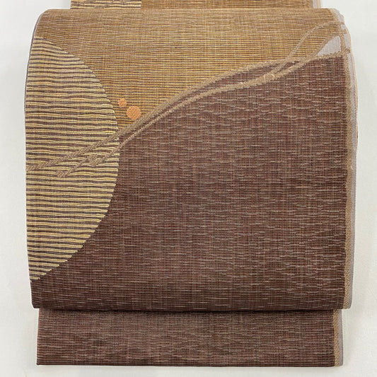 【美品】 袋帶 名品級 じゅらく 落款あり 幾何學圖案 金絲 茶紫 六通 純蠶絲