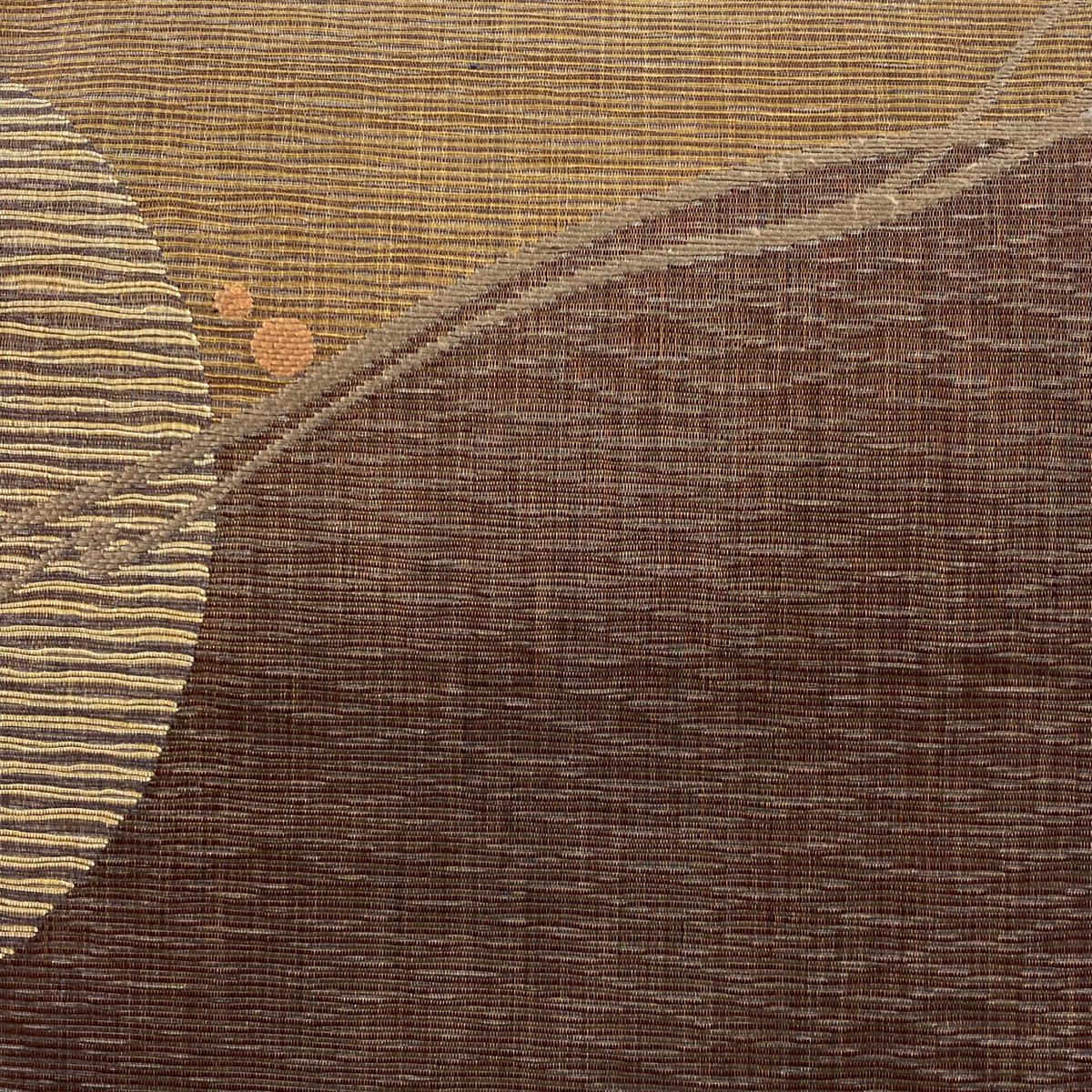 【美品】 袋帶 名品級 じゅらく 落款あり 幾何學圖案 金絲 茶紫 六通 純蠶絲