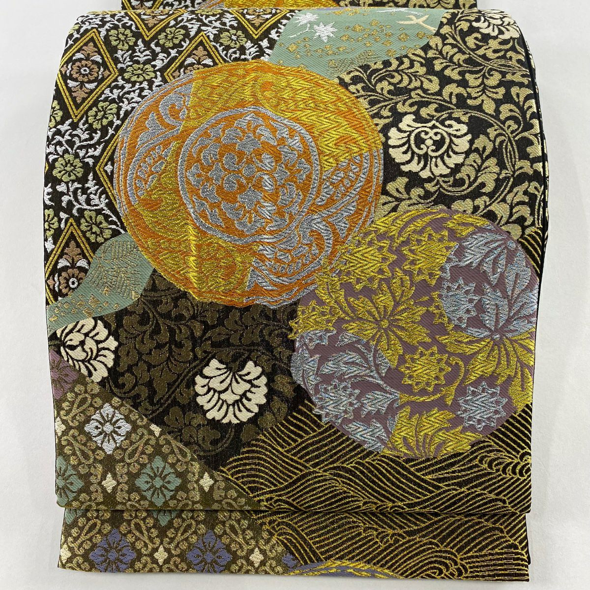 【美品】 袋帶 名品級 花唐草紋 花菱 金銀絲 刺繡 金色 六通 純蠶絲